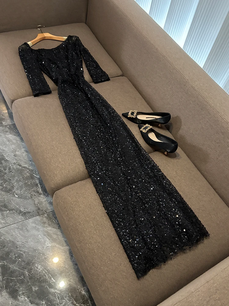 Robe de soirée longue, asymétrique épaule dénudée, broderie lourde, jupe en filet à paillettes, taille moyenne, t-shirt Sve régulier en Fiber d'acétate, nouvelle collection 2025