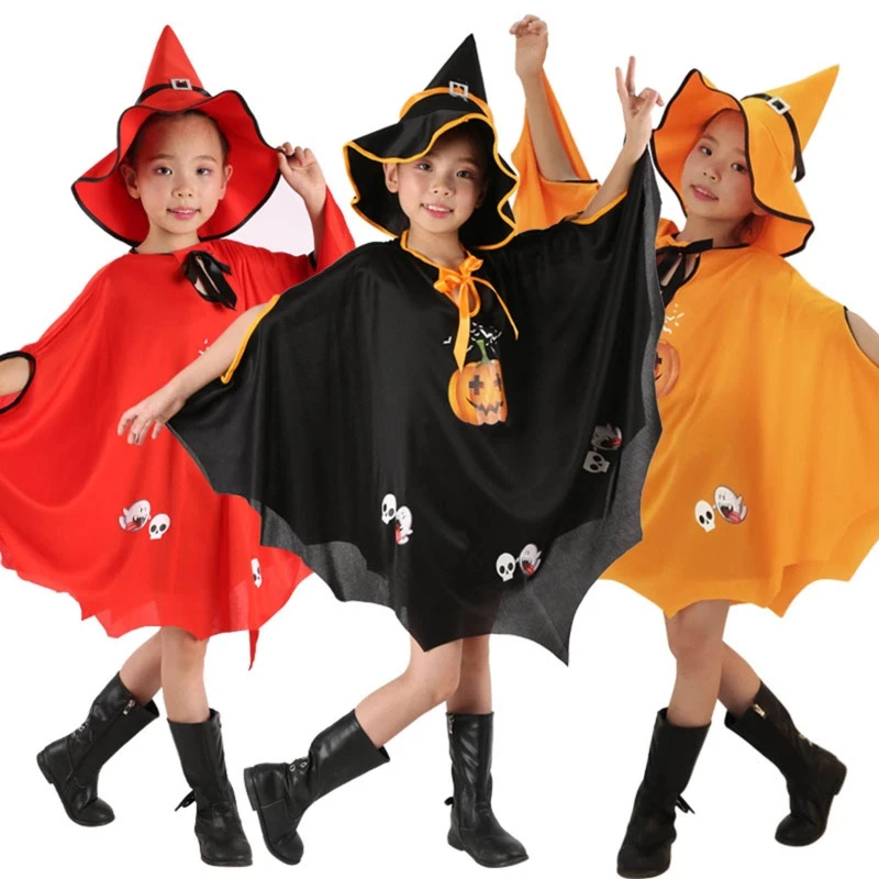 

Witch Cape and Hat Set Pumpkin Costumes for Boys Girls Halloween Party Dress Up