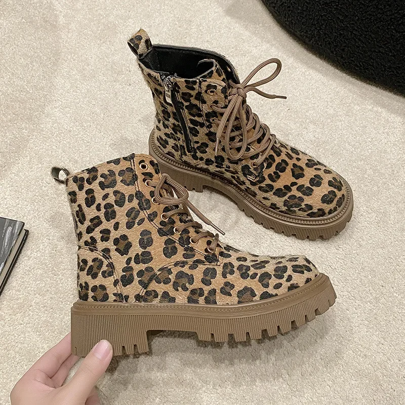 Botas de invierno con cordones y plataforma para mujer, botines de leopardo con cremallera alta, a la moda, 2024