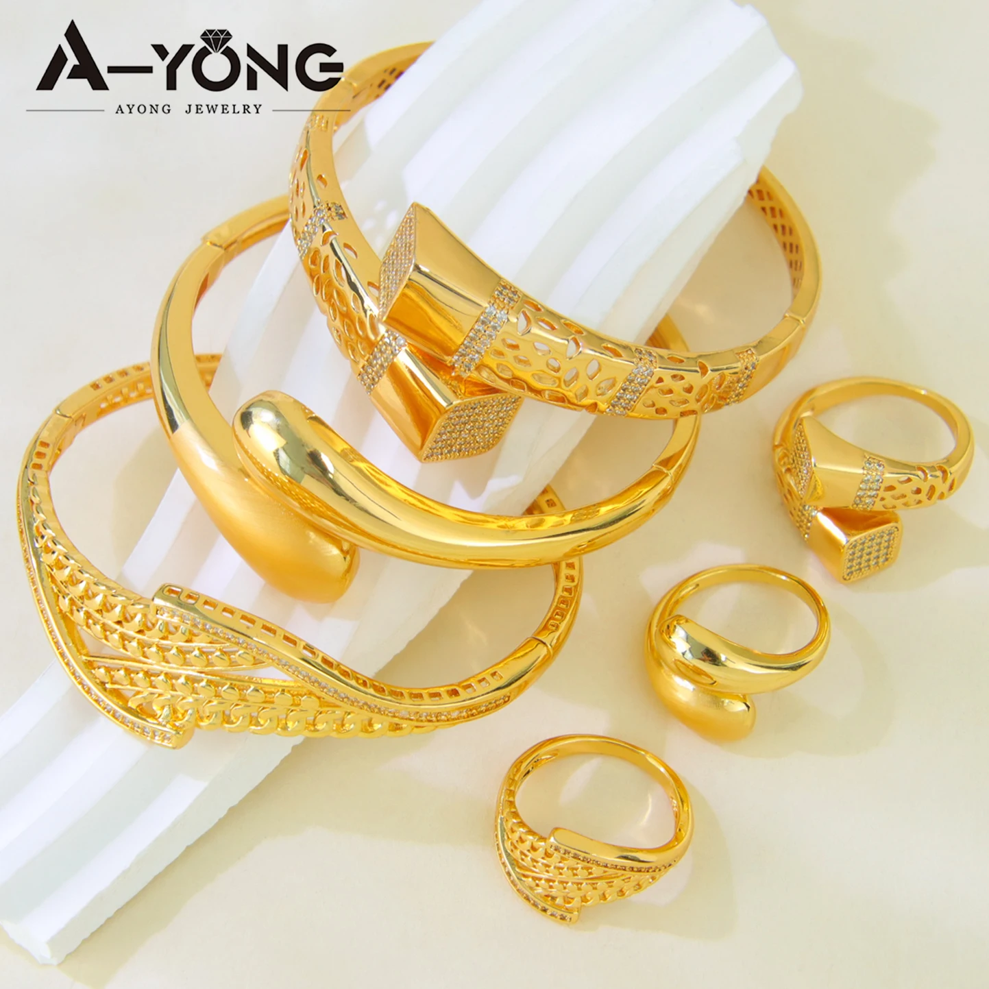 Italienisches Mode-Zirkonia-Schmuckset, 21k vergoldet, arabisches geometrisches Design, unregelmäßig geöffnete Armreifen, Ring, Habesha Vintage-Schmuck – Detail 2