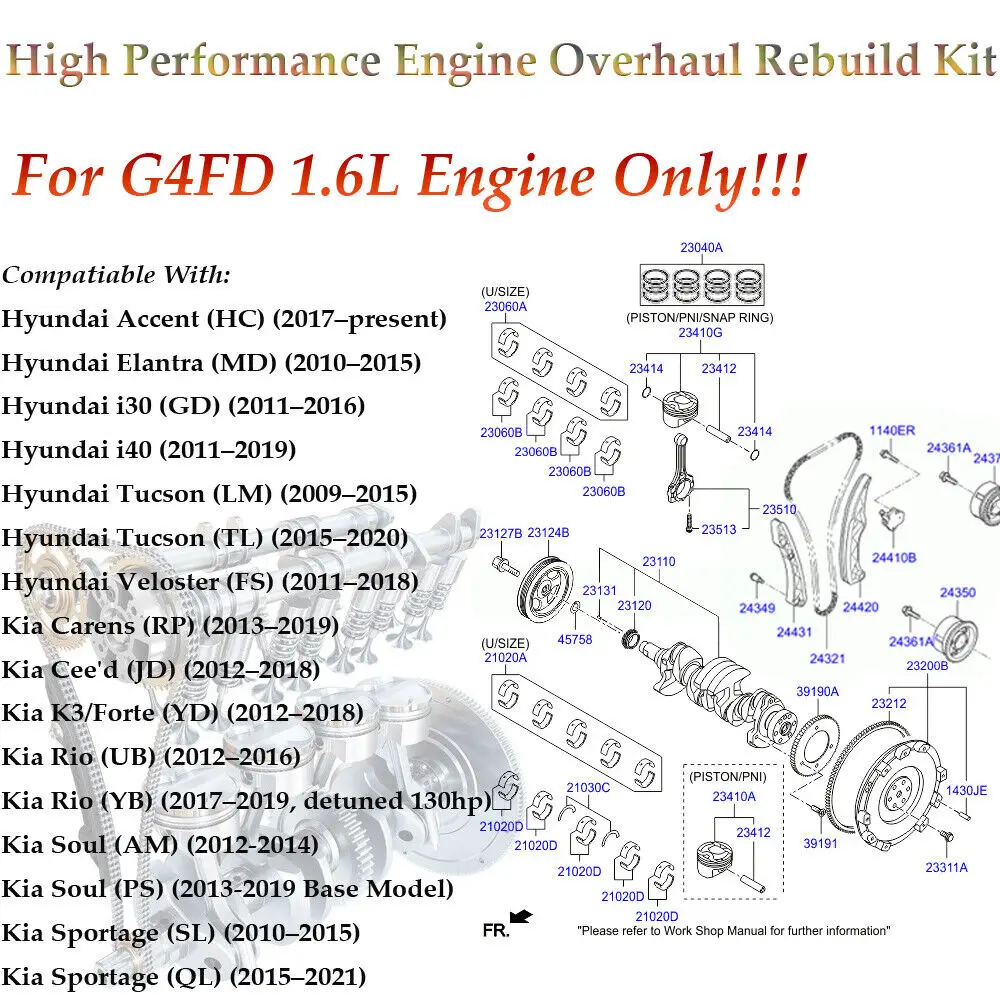 G4FD motore albero motore e aste e Set cuscinetti 23110-2B610 23510-2B010 21020-2B100 per Hyundai Kia Rio 1.6L DOHC 2012-2016