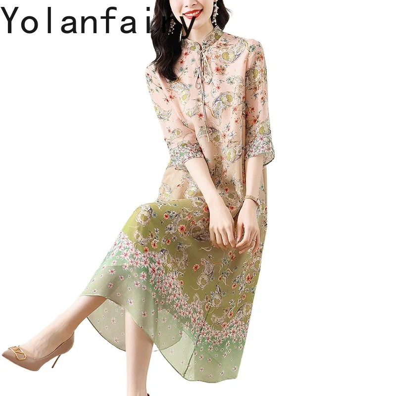 

YOLANFAIRY High-end 100% Real Mulberry Silk Dresses Summer Stand Collar Cheongsam Floral Dress Elegant Women's Dresses Vestido