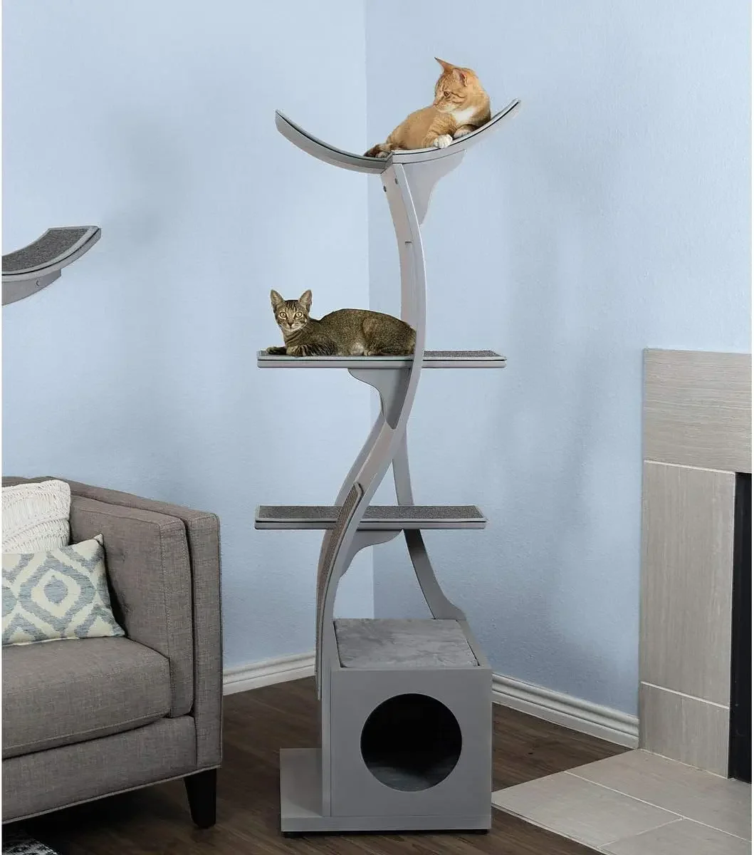 69 Inch Tall Smoke Gray Lotus Cat Tower, Multi-Level Modern Cat Tree For Indoor Cats With Scratching Post, Climbing Cat Condo|