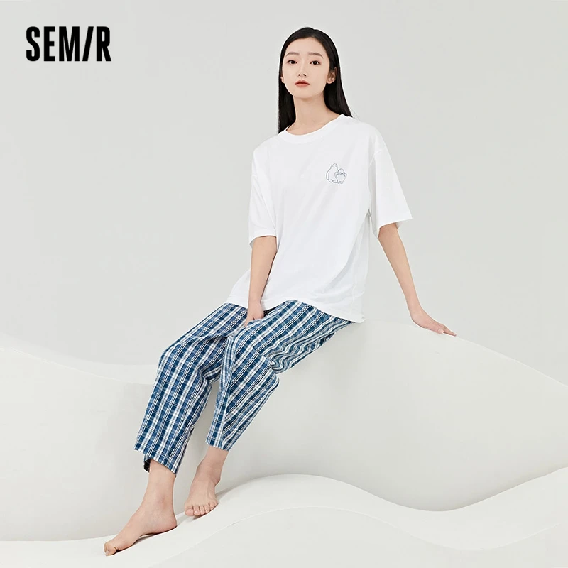 Semir Women Pajama Suit Fashion Letter Print Top Plaid Trousers Couple\'S Home Suit