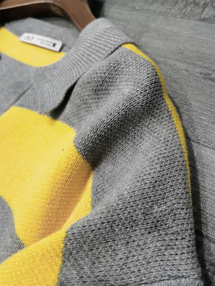 المرأة الخريف الشتاء الصلبة بولو طوق سترة البلوز سترة الإناث أنيقة الدافئة الأصفر الرمادي مخطط محبوك اقتصاص سترة #5