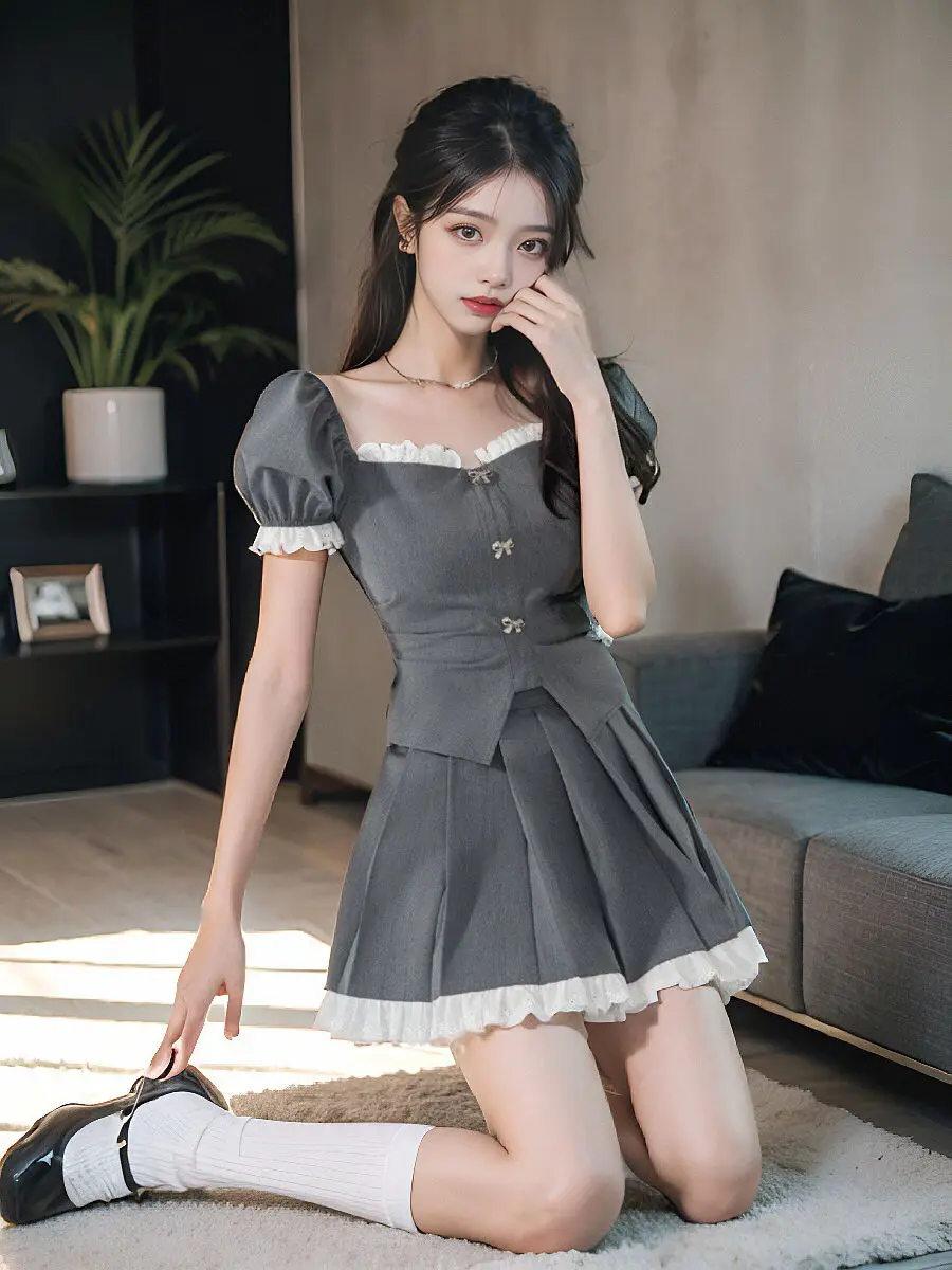 Suit Puff Sleeve Shirt Slim Top + Pleated Skirt 2024 Summer New Sweet Hot Girl Chic Women'S Two-Piece Set