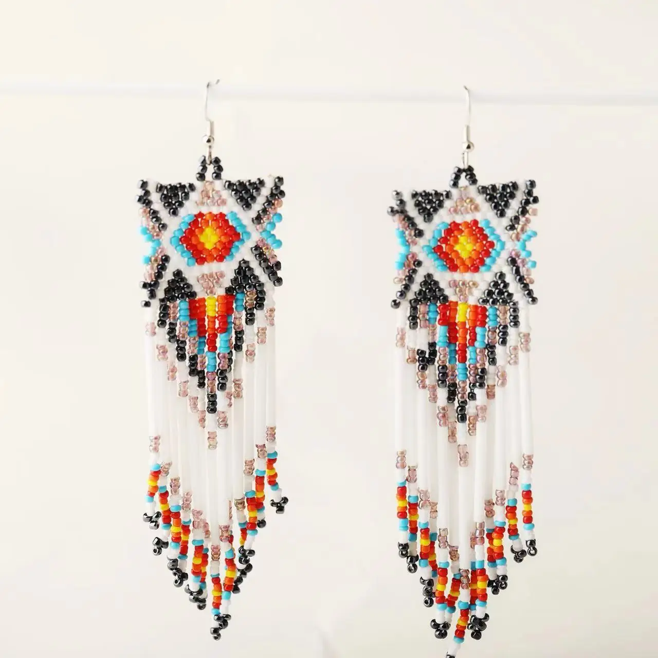 Handmade Bohemian Beaded Earrings with Fringe, Ethnic Multicolor Tassel Drops for Women, Festival Party Jewelry