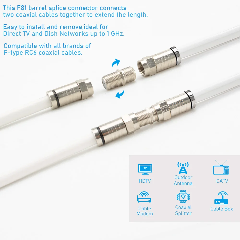 10 قطعة موصل كابل محوري ، RG6 F-نوع محول مطلي بالذهب أنثى إلى أنثى موسع كابل محوري لكابلات التلفزيون