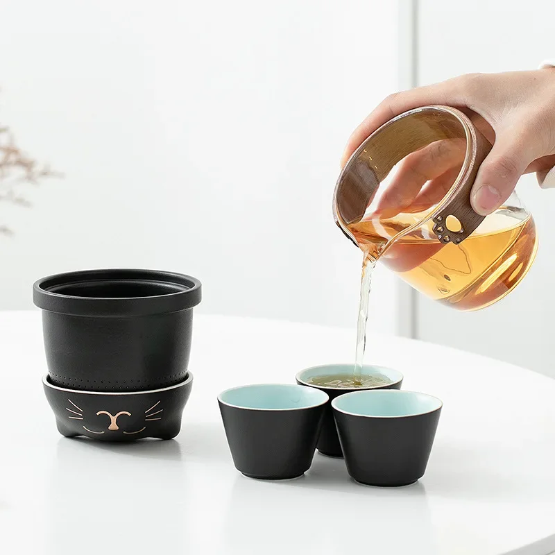 

Tea Set Portable Glass Ceramics Simple Kung Fu Pot With 3 Cup Cute Outdoor Travel Teaware Gifts