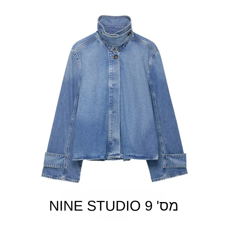 

Loose Casual High Collar Denim Button Decorated Jacket Top Women's Fashion European Style Long Sleeve Short Coat