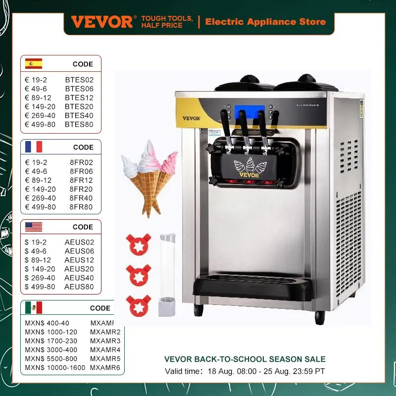 

VEVOR 22-30 L/H Soft Ice Cream Machines Commercial Tricolor Desktop Sweet Cone Freezing Equipment Vending Machine