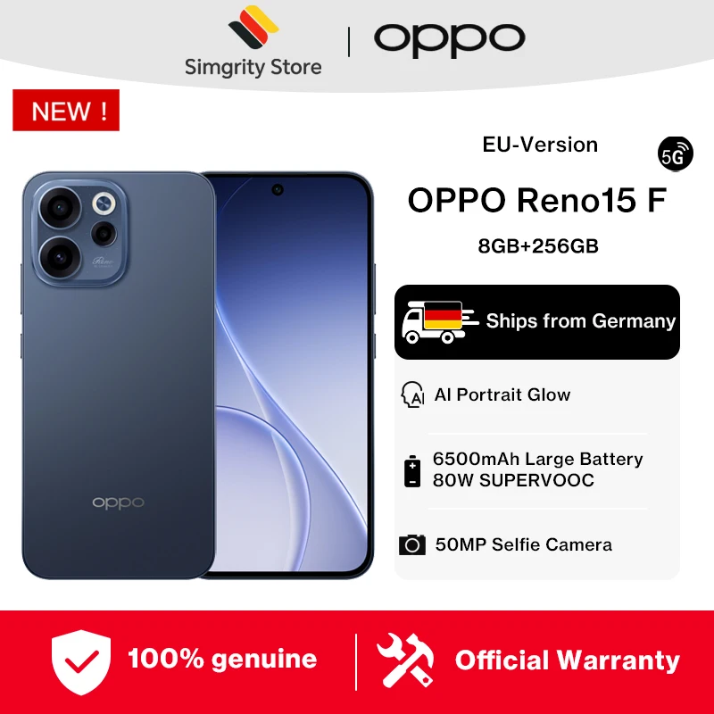 Oppo Versione UE dello smartphone Reno15 F 5G 8 GB + 256 GB blu, ColorOS 16.0, Snapdragon 6 Gen 1, 6500 mAh, 80 W, 6,57 pollici, 2372 * 1080 pixel, fo