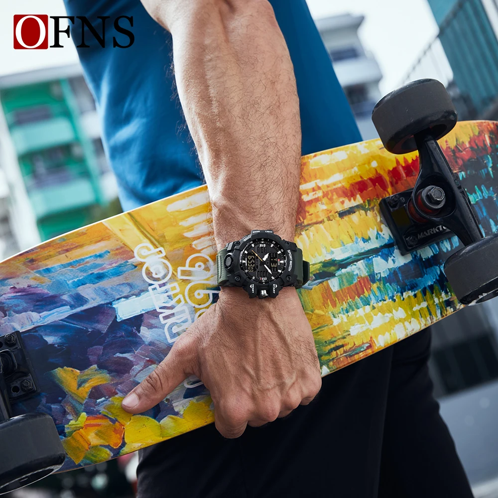 OFNS Dual Display Men Watches Waterproof Sports Watch Military Man Alarm Stopwatch Quartz Wristwatch Male Digital Clock 6126