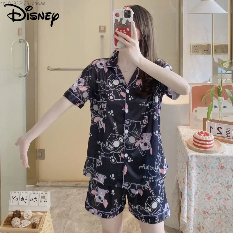 Disney Cartoon Stitch Short Pajamas Women's Summer New Cute Thin Outwear Short Sleeve Home Shorts Pijama Set Female Sleepwear