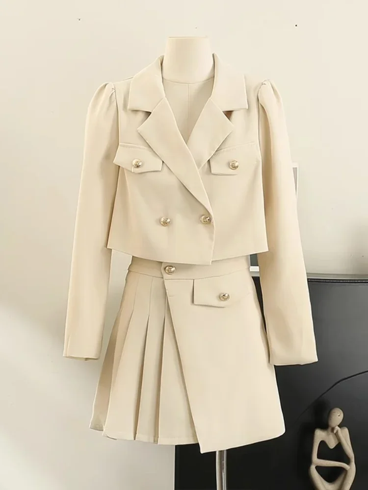 Blazer Skirt 2-Piece Set 2024 Autumn British Style Suit Short Coat High Waist Pleated Skirt Socialite Elegant Fashion Sets Women