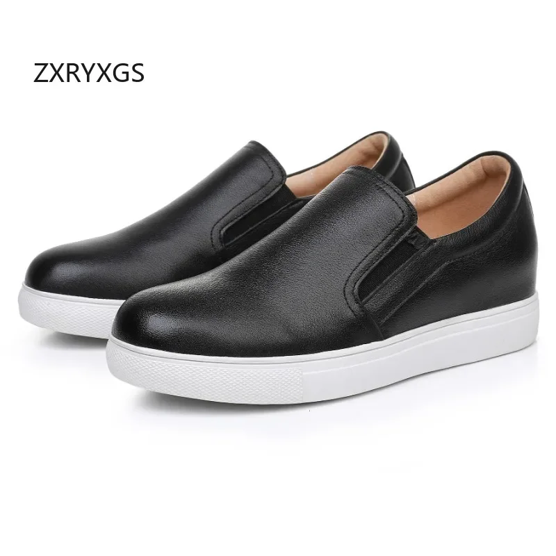 ZXRYXGS 2025 Spring New Top Cowhide White Black Casual Sneakers Women's Shoes Flat Interior Height Increase Wedges Trendy Shoes