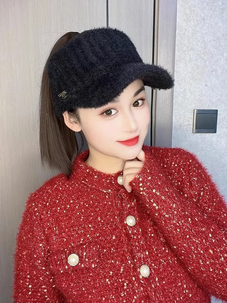 Synthetic Natural Straight Hair Ponytail Extension Wig Black Shade Baseball Cap All-in-one Easy to Wear Knitted Hat Wig