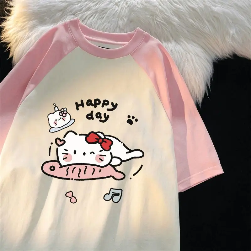 Sanrio เสื้อยืดแขนสั้นคอตตอนแท้สำหรับฤดูร้อนใหม่เสื้อลายการ์ตูนเสื้อแร็กแลนสีตัดกันน่ารักแบบหลวมสำหรับผู้หญิงของขวัญ