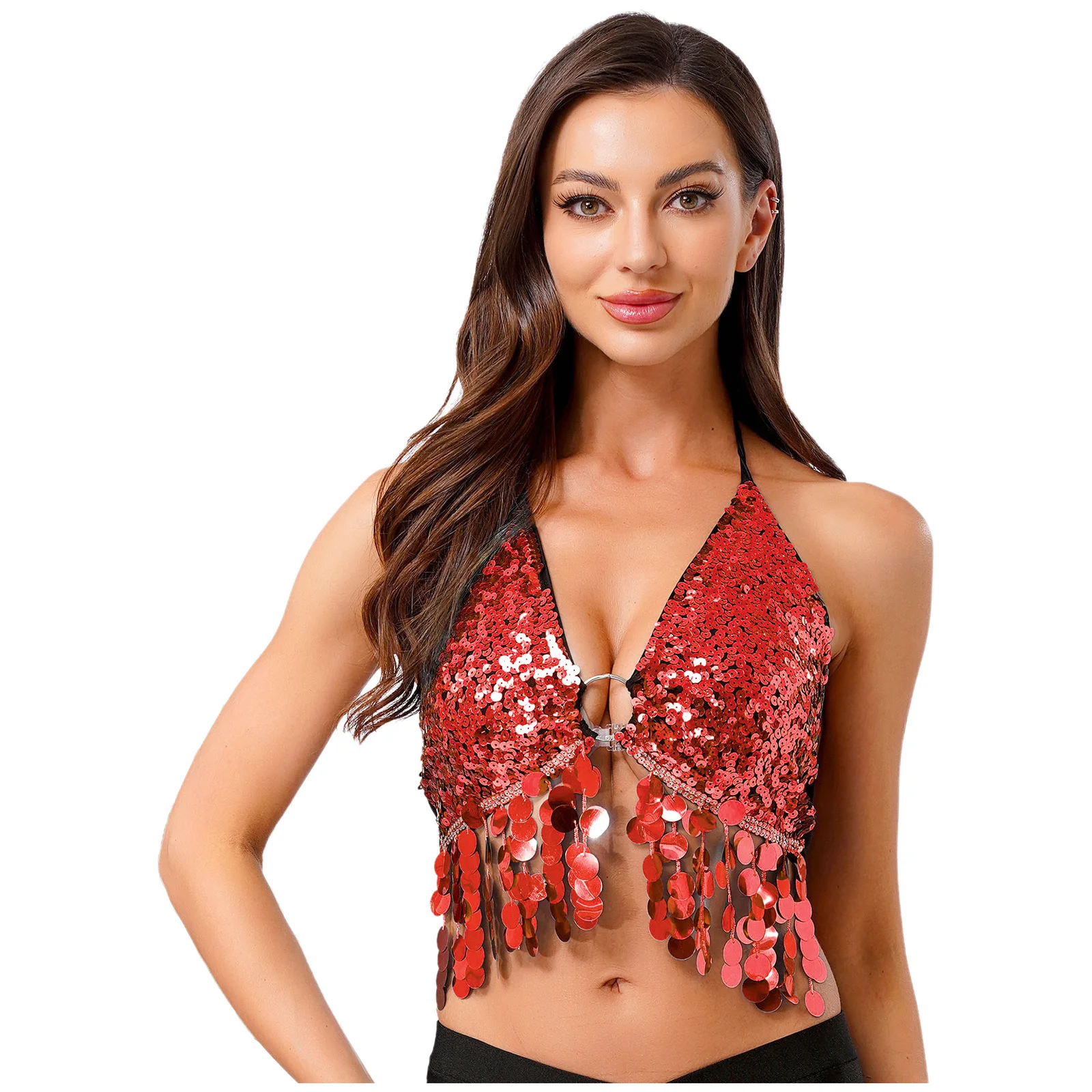 

Women Sequin Belly Dance Bra Tops Halter Front O-ring Fringe No-pad Lace-up Bra Crop Top for Belly Dance Class Performance Tops