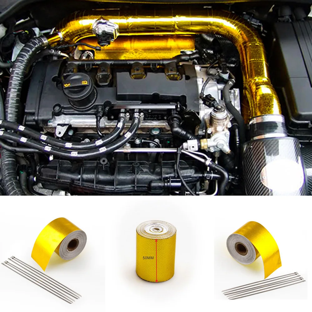 5M 10M Gold Foil Tape Car Motorcycle Exhaust Wrap Pipe Header Heat Insulation Roll Tape Turbo Heat Exhaust Thermal Wrap Tape