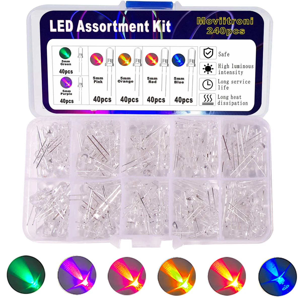 240-teiliges Sortiment an LED-Diodenlichtern, 3 mm/5 mm, transparent, lichtemittierend, weiß, grün, rot, blau, gelb, orange