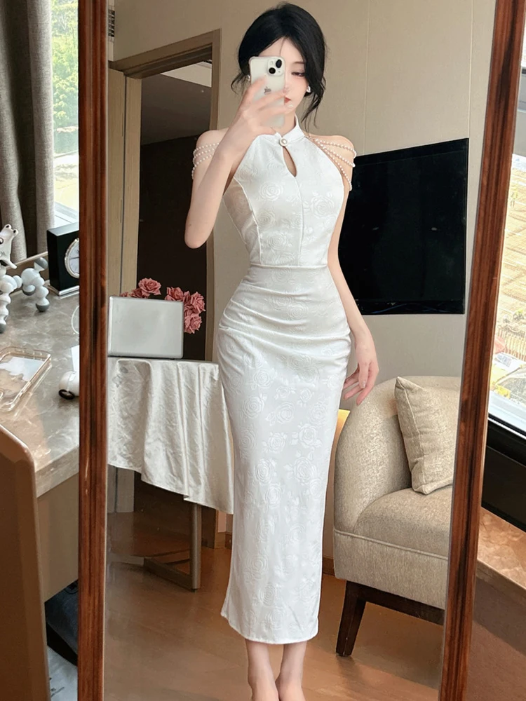 

Women Pink Floral Chic Beading Off Shoulder Sexy Long Dress 2025 Korean Vintage Luxury Evening Dress Summer Elegant Party Dress