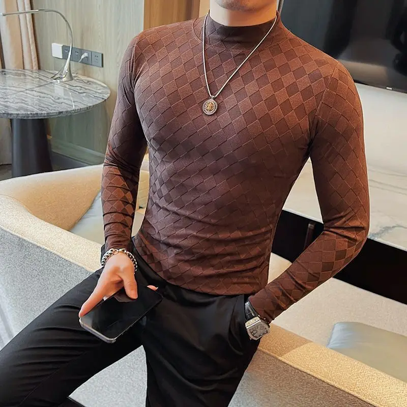 Korean Fashion Men Clothing New T-Shirts Autumn Winner O-Neck Solid Plaid Mock Neck Trend Versatile Casual Long Sleeve Slim Tops