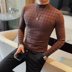 Korean Fashion Men Clothing New T-Shirts Autumn Winner O-Neck Solid Plaid Mock Neck Trend Versatile Casual Long Sleeve Slim Tops