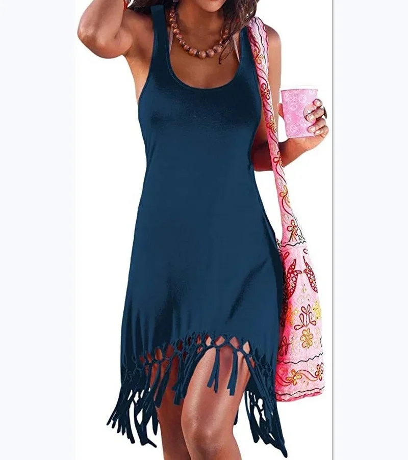 

Sexy Women Summer Clothing Dresses Casual Sleeveless Tassels Beach Dress 2024 New Women Black Red Blue Dress Clothing