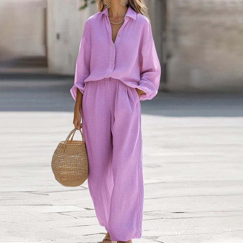 

Хлопково-льняная повседневная женская рубашка с отложным воротником и длинным рукавом, широкие брюки, комплект брюк, весенне-осенний свободный комплект из двух предметов для женщин