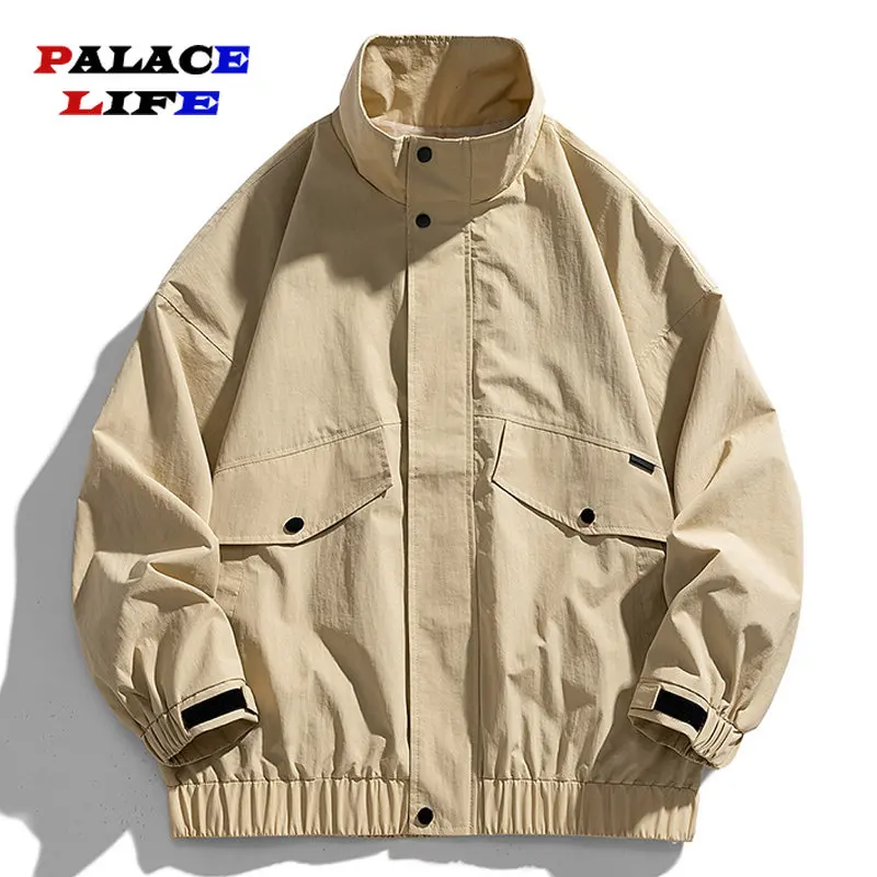 

Japanese Spring Harajuku Jacket Men Solid Color Windbreaker Coats Women Stand Collar Fashion College Cargo Jackets 2023