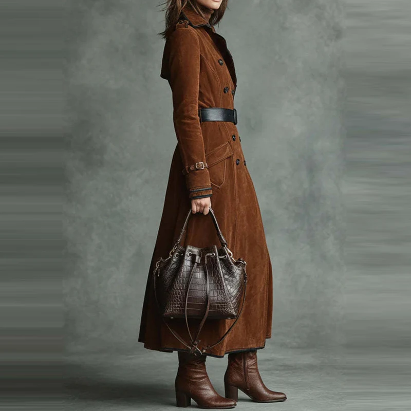 

Vintage Long Sleeve Windbreaker Coats Women's Fashion Lapel Collar Pockets Long Jackets Elegant Buttons Solid Velvet Outercoats