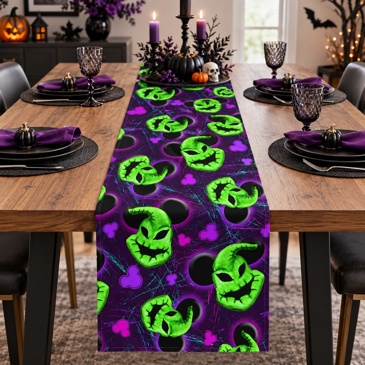 Green Monster Ghost Halloween Table Runner, Purple Background Spooky Devil Face Print Table Cloth, Polyester Table Decor for Hal