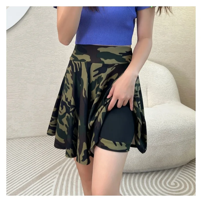 Women Flared Skirts Summer Basic Skirt Fashion Dancer Uniform Versatile Black Safety Pants Skirt Elastic Pleated Skirt Long 45CM