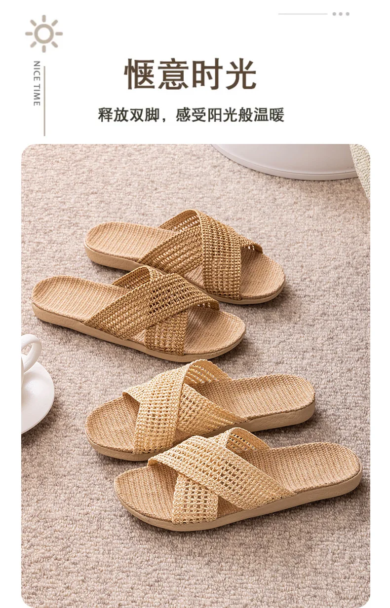 Leinen-Hausschuhe, gewebte Strohsandalen, Damen-Schuhe aus reinem Leinen und Stroh, japanische Hausschuhe für den ganzjährigen Gebrauch, leise, für drinnen, Retro-Stil. – Detail 10