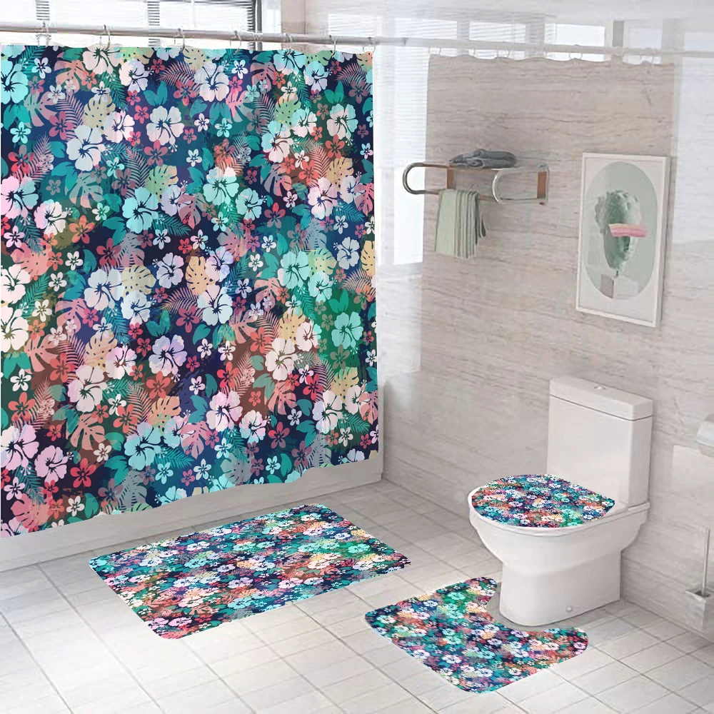 Flowers Bathroom Shower Curtain Set Waterproof Polyester Flower Bath Curtains Non-Slip Bath Mat Rugs Carpet Toilet Cover Decor