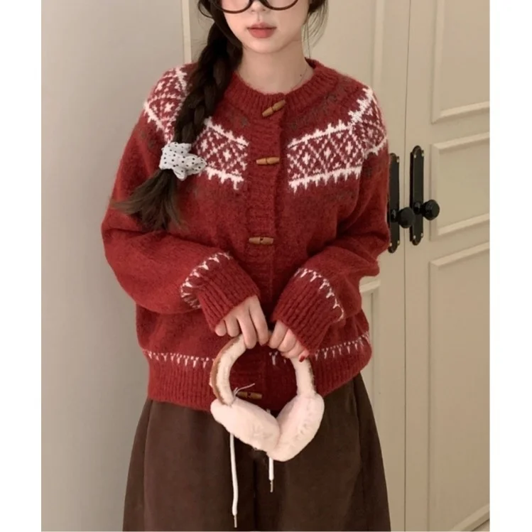 

Chic Lazy Style Double Color Open Cardigan Soft Loose Slimming Sweater Horn Button Autumn Winter New Arrival Women's Fashion