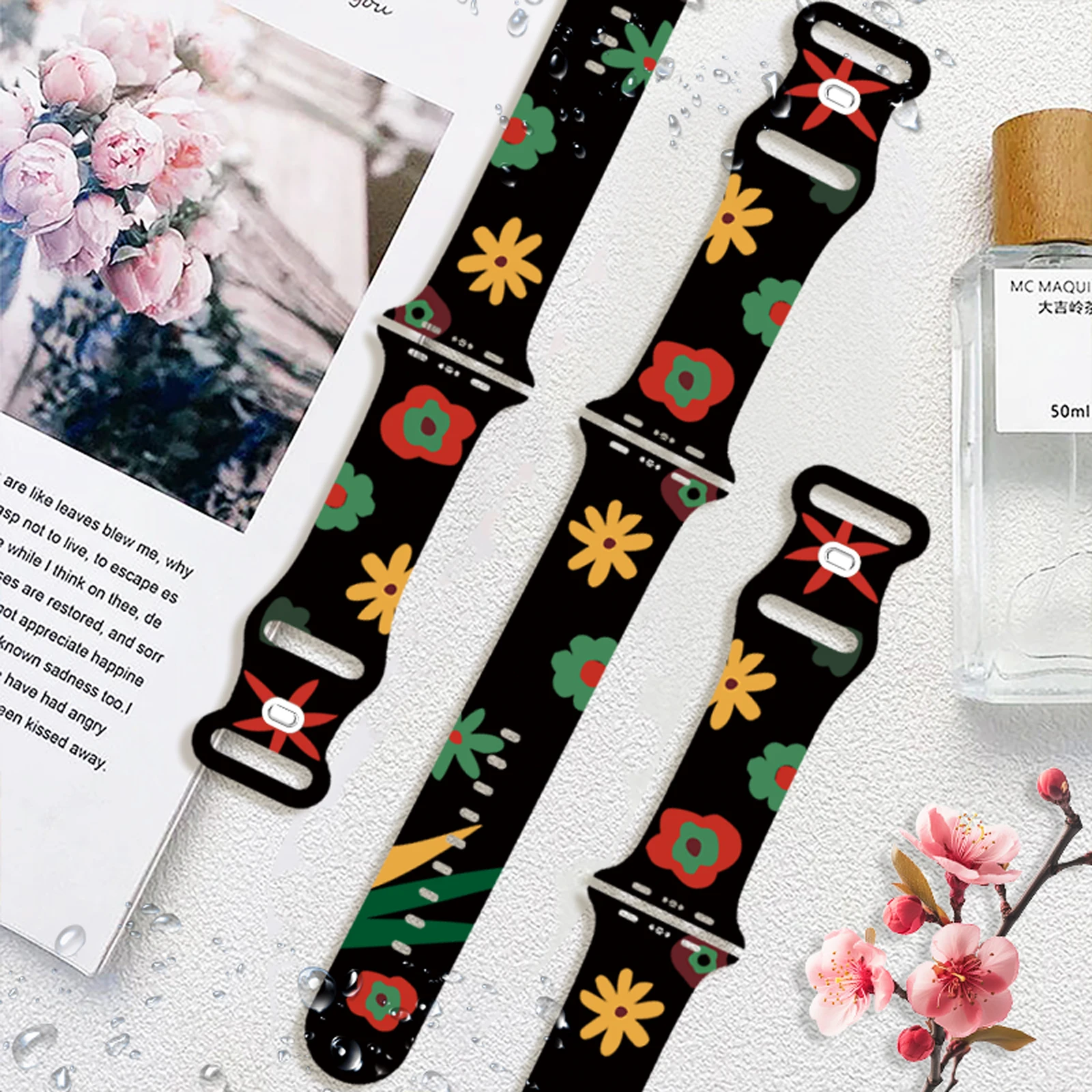 สายซิลิโคนสําหรับ iWatch 10 9 8 7 SE ดอกไม้พิมพ์เปลี่ยนสร้อยข้อมือสําหรับ Apple Watch 44 มม.42 มม.41 มม.40 มม.