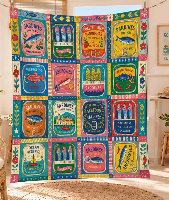 Colorful Sardine Can Quilt, Coastal Folk Art Blanket, Seafood Lover Gift, Mediterranean Throw Blankets