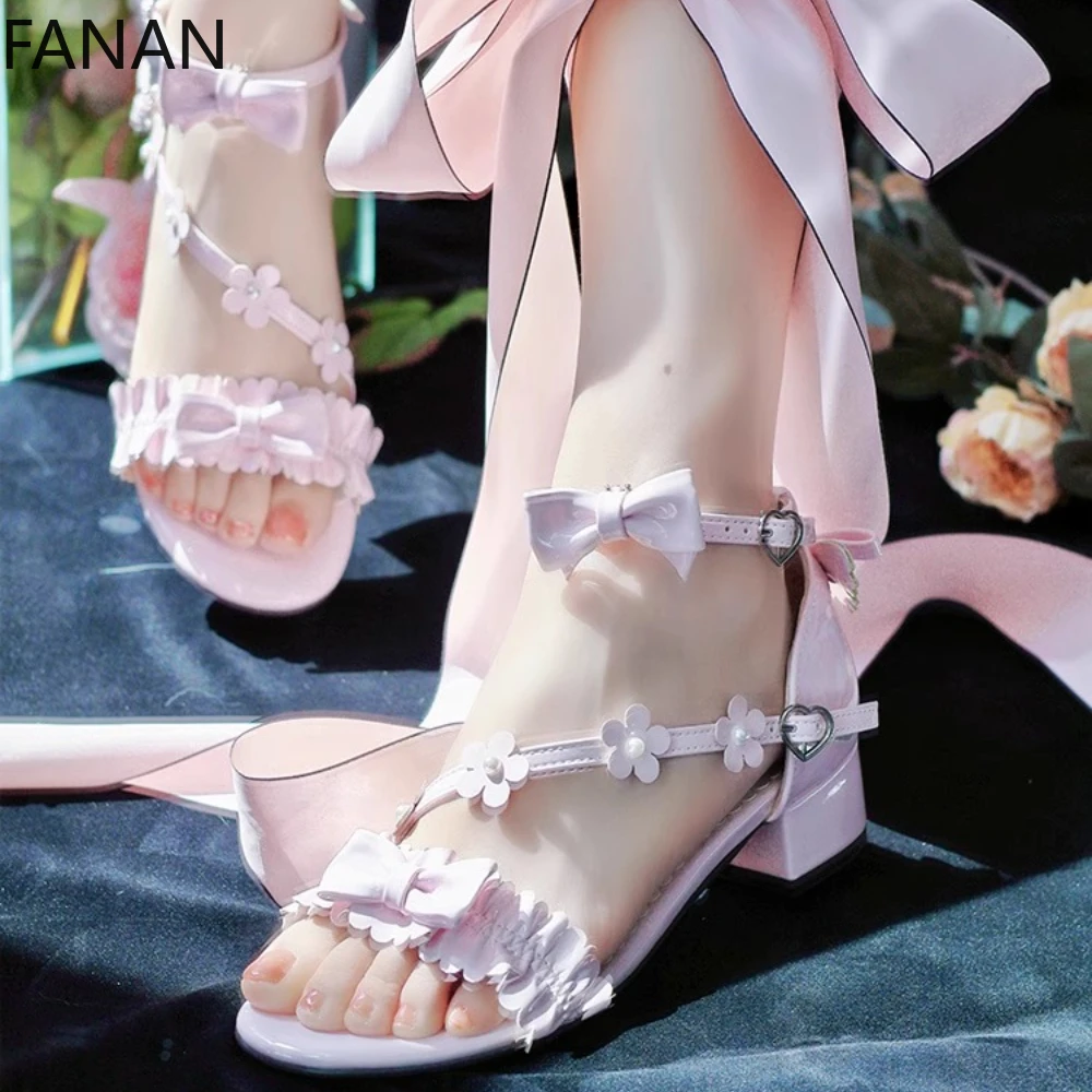 

Original Lolita High Heel Sandals Large Size Leather Pink Shoes Thick Bottom Bow Summer Banquet Flats Shoes Slippers