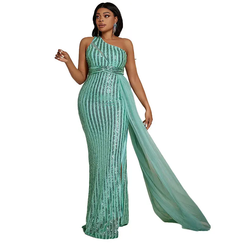 Plus Size Sequin Party Dresses Slash Neck Sleeveless Fashion Banquet Evening Dress Elegant Mesh Splicing Slit Wedding Dresses