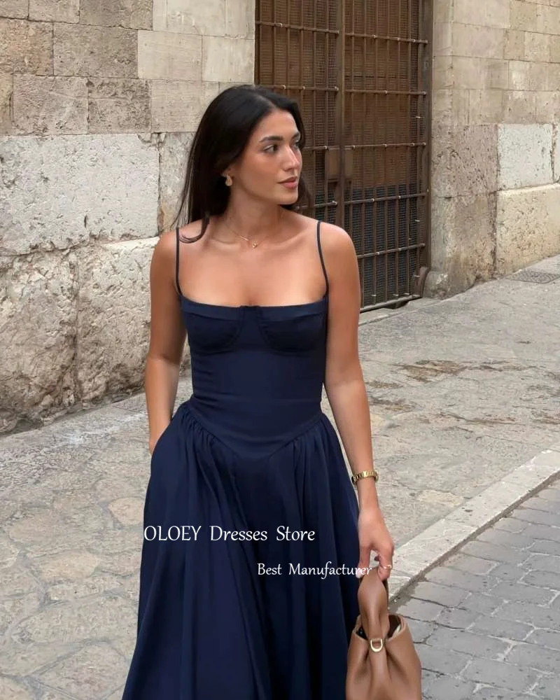 OLOEY-simples vestidos de noite para mulheres, cintas de espaguete, comprimento do chá, vestidos de baile, ocasião formal, vestido evento, vestido árabe, azul marinho