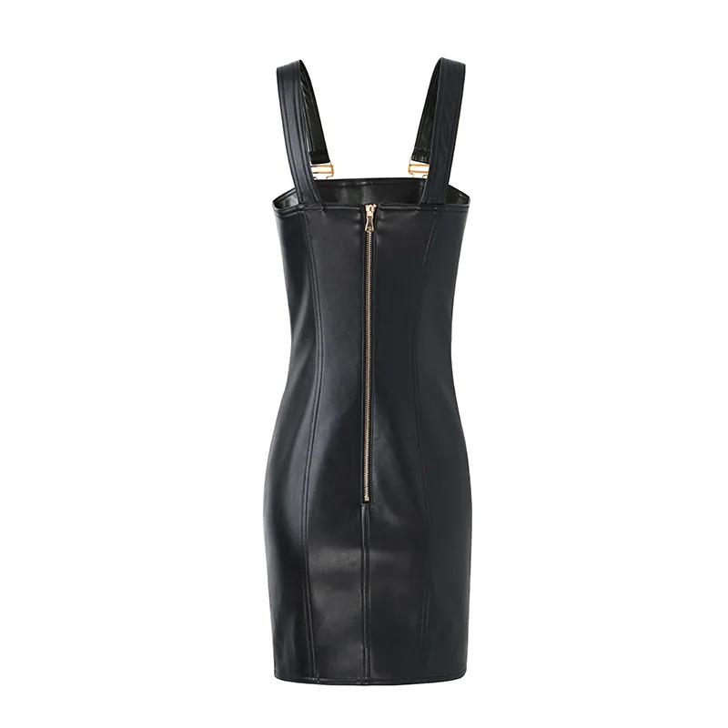 Factory Sexy Miniskirt, Women's Synthetic Leather Skirt, High-Quality Suspender Vest Skirt, Metal Buckle Strap Hip Wrap Skirt