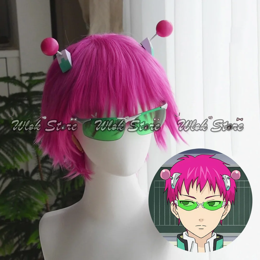 Anime The Disastrous Life of Saiki K. Cospalay Saiki Kusuo Wig Hairpins Green Glasses Men Pink Short Hair For Halloween Party