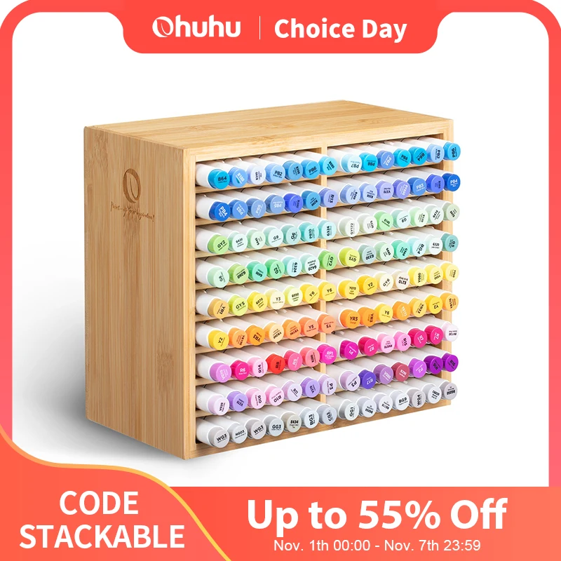 Ohuhu Bamboo Marker Organizer Wooden Desktop Storage Hold 126 Markers...
