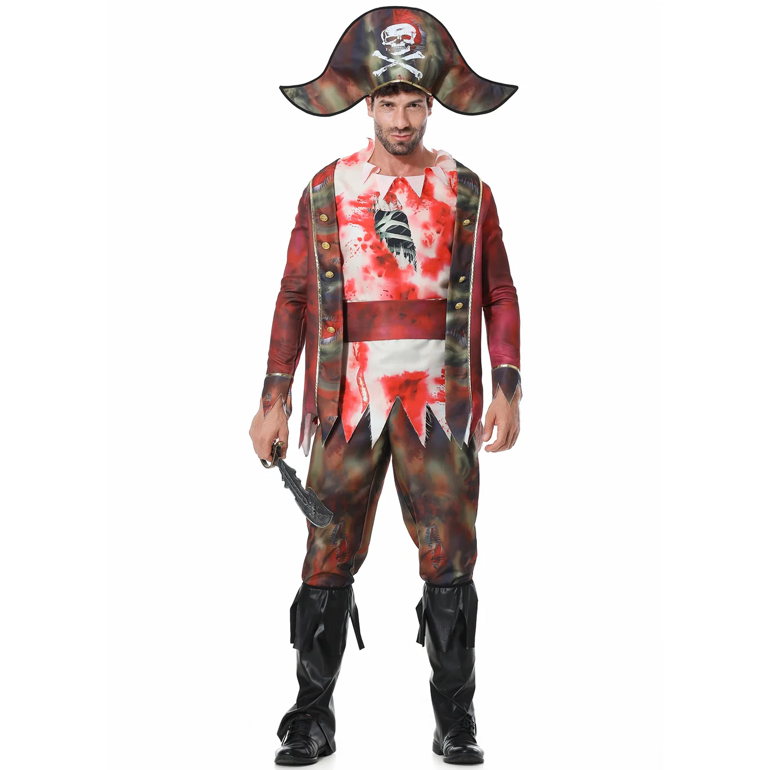 Cosplay fantasia pirata masculina, fantasia de Dia das Bruxas, Sea Rover adulto assustador, top coat, calça, chapéu e capa de perna, mancha de sangue