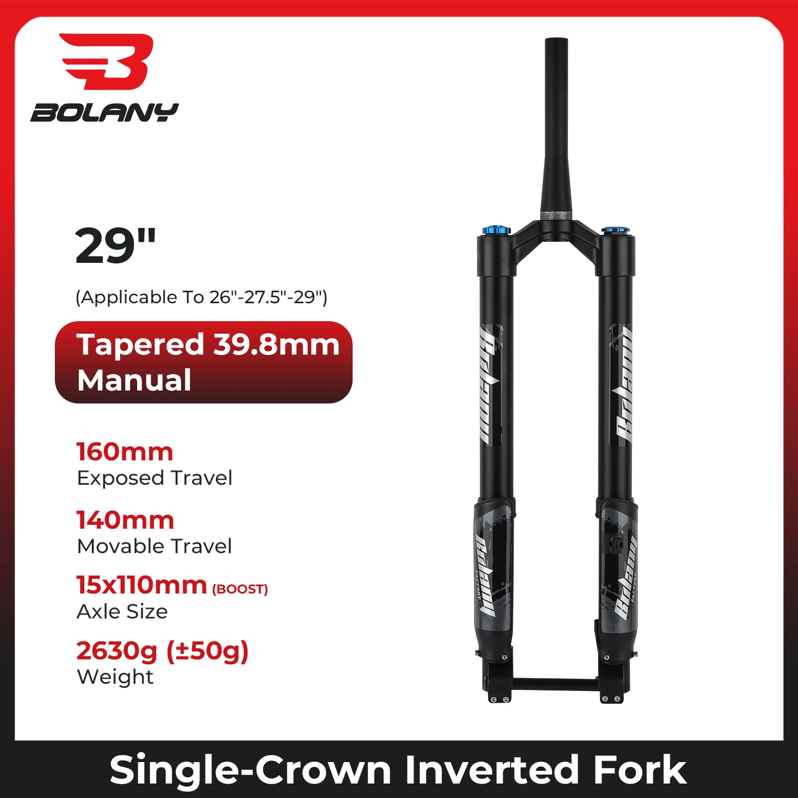 BOLANY Dubbele Schouder Omgekeerde Fiets Vork MTB Vork voor Downhill 29 inch Boost Vork Steekas Reizen 140mm Verstelbare demping