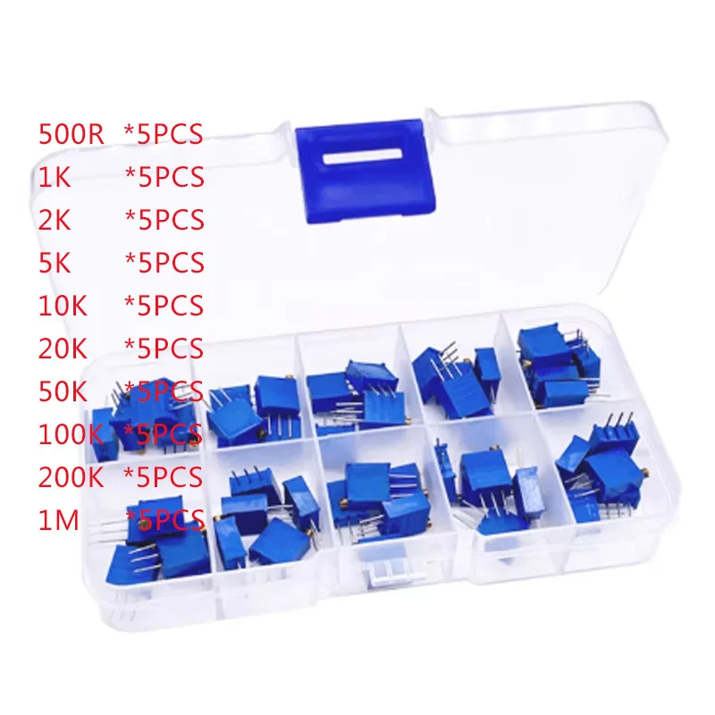 10 Kinds of 50pcs 3296W Multi-turn Precision Adjustable Resistor Trimmer Potentiometer ESC Kit 500R/1K/2K/5K/10K/20K/50K/100K/1M
