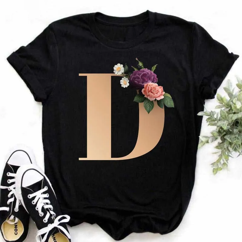 A B C D E English Alphabet Print T Shirt Women New Summer Couples Lovers Female T-Shirt Harajuku Casual Black Tops Tshirts