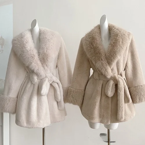 따뜻한 코트 한국 스타일 허리 조임 두꺼운 퍼 코트 양모 코트 퍼 코트 두꺼운 퍼 코트 따뜻한 코트 퍼 코트 코트 코트 